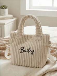 1pc Customized Name Embroidered Corduroy Bucket Bag, Large Capacity Shoulder Tote, Soft Ribbed Winter Style, Handheld Or Shoulder Carry, Minimalist INS Style, Multi-Color Options, Personalized Gift - Multicolor - View 8