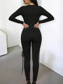 DOUCIU Lace-Up Women's Sexy Hollow Out Long Sleeve Jumpsuit Street Event Outfit - Black - View 3