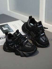 Kids' Fashion Sneakers, Low-Top Mesh & Faux Leather, Breathable & Comfortable, Shock-Absorbing Running Shoes, Striped & Random Patterns, Hook And Loop & Lace Closure, Suitable For Outdoor Activities, All Seasons, Casual & Hiking, Ages 14 & Under - Black - View 1