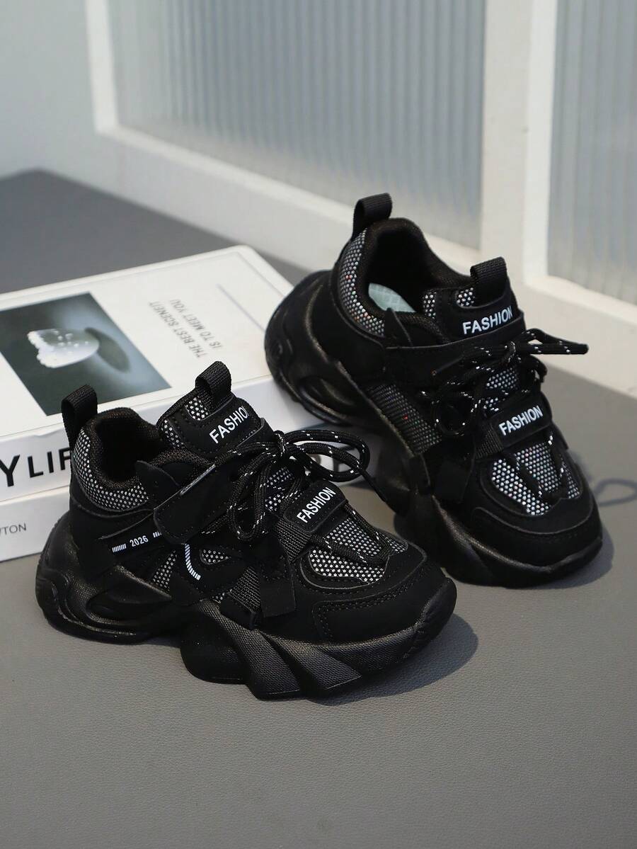 Kids' Fashion Sneakers, Low-Top Mesh & Faux Leather, Breathable & Comfortable, Shock-Absorbing Running Shoes, Striped & Random Patterns, Hook And Loop & Lace Closure, Suitable For Outdoor Activities, All Seasons, Casual & Hiking, Ages 14 & Under - Black - View 1