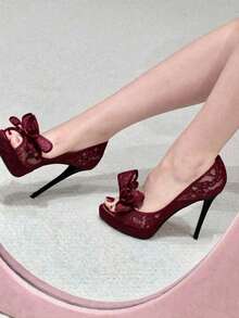 2026 Nuevas sandalias de plataforma con punta abierta y punta descubierta, con encaje bordado y lazo, impermeables, tacones altos y stilettos sexy para mujeres - Burdeos - Ver 4