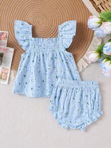 女婴碎花荷叶袖上衣+哈伦裤套装，轻盈乡村风夏季装扮 - 淺藍色 - 查看 1