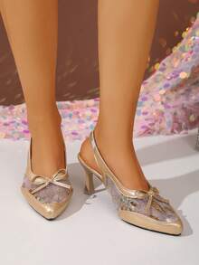 女士优雅蕾丝尖头蝴蝶结高跟凉鞋，时尚夏季派对婚礼高跟鞋 - 金色 - 查看 3