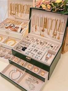Large 3-Tier Multifunctional Women's Jewelry Box With Drawer - verde 3077 - 查看 3