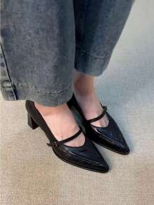 Retro Chunky Heel Pointed Toe Mary Jane Pumps, New Commuting Chic French Style High Heels For Women - Black - View 2