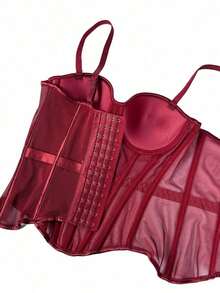 Women's Solid Color Corset-Style Brown Backless Mesh Camisole With Bra, Autumn/Winter Lingerie Casual Black - 酒紅色 - 查看 7