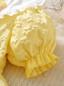 女童圆领前扣泡泡袖公主薄纱连衣裙，休闲连衣裙 - 黃色 - 查看 5