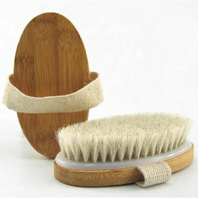 HiKin 5x2.8 Inch Oval Shape Bamboo Bath &Amp; Shower Brush, Horsehair Mane Natural Bristles Dry Body Brush Scrubber For Exfoliating, Detox And Cellulite, Etc. (White Horsehair)