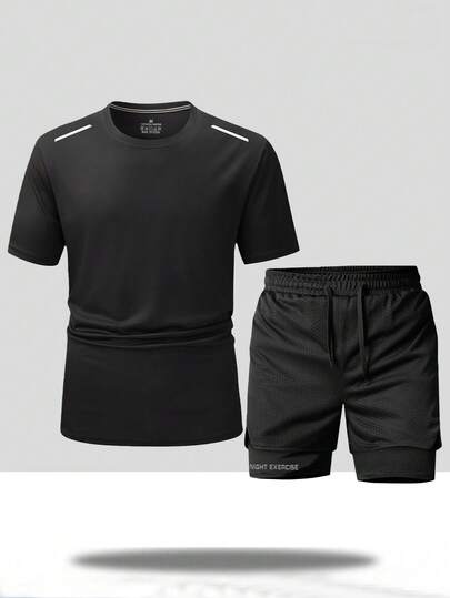 男士夏季短袖T恤套装，网眼短裤，适合休闲、运动、健身