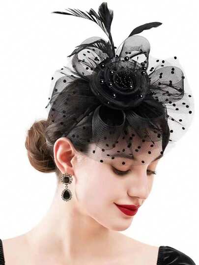 一款优雅的欧式头饰帽，饰以鲜花、面纱、丝带、发箍和发夹，适合女孩和女士在茶会、新娘配饰和婚礼发饰中佩戴。