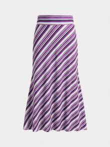 Nueva falda larga elegante y con estilo, de tela de punto con estampado de rayas, adecuada para la playa, vacaciones, uso diario y viajes de primavera - Morado - Ver 6