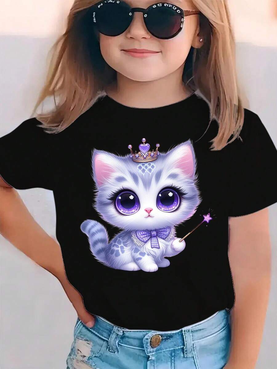 Camiseta para niños, camiseta para niñas, camiseta de dibujos animados, top lindo, moda de verano, camiseta de manga corta para niñas, estampado de gatito morado con corona y varita mágica, top casual y versátil NY-DX8378 blusas para niña camisas para niño camiseta de dibujo animado infantil Ambas prendas deportivas y casuales son adecuadas - Negro - Ver 1