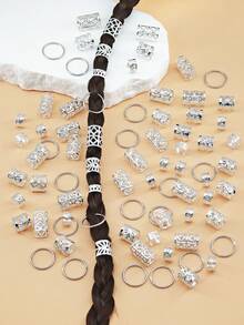 80PCS/Set Vintage Hollow Hair Rings Alloy Hair Cuff Hair Pins Loops Hair Accessories For Girls Loc Hair Jewelry For Braids(Gift,School Stuff) - Silver - View 5