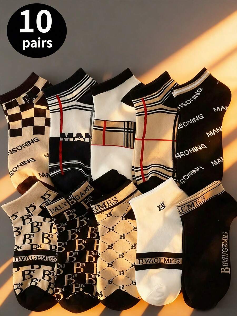 Men's Socks, Made Of Polyester, Lightweight And Breathable, Multicolor Letter Striped Pattern, Versatile Casual Socks Suitable For Daily Wear, Vacation, Outdoor Sports, Perfect Gift For Friends, Couples, Birthday, Thanksgiving, Family Gatherings, Fashionable And Comfortable, Random Color Men's Ankle Socks - Multicolor - View 1