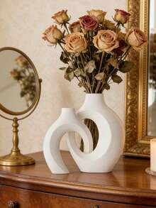Bohemian Style Geometric Circular Vase, Available In Multiple Colors, Couple Set Vases, Matte Modern Art Design - Perfect For Living Room Or Creative Spaces For Interior Designers And Art Enthusiasts, Can Be Used To Showcase Dried Flowers Or Artistic Floral Arrangements, Unique Housewarming Or Design Gift Home Decor, Art Piece Set - White - View 1