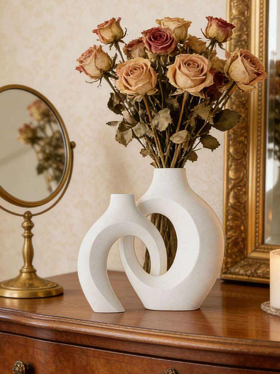 Bohemian Style Geometric Circular Vase, Available In Multiple Colors, Couple Set Vases, Matte Modern Art Design - Perfect For Living Room Or Creative Spaces For Interior Designers And Art Enthusiasts, Can Be Used To Showcase Dried Flowers Or Artistic Floral Arrangements, Unique Housewarming Or Design Gift Home Decor, Art Piece Set - White - View 1