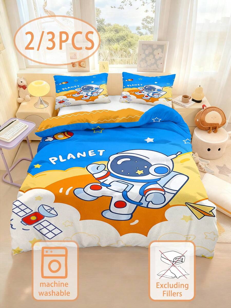 2/3PCS Children's Cartoon Astronaut Themed Bedding Set 100% Polyester (1AB Double-Sided Duvet + 2 Single-Sided Pillowcases)3D Printed Cartoon Suitable For Decorating Children's Bedrooms, Kindergarten Nap Rooms, Or Boys' Rooms, It Can Be Used As A Birthday Or Holiday Gift. Size 90 * 200/135 * 200/140 * 210 Comes With One Pillowcase (Excluding Padding) - Multicolor - View 1