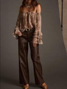 Áo kiểu nữ cổ điển trễ vai tay phồng hai lớp, thiết kế rộng rãi và thoải mái với viền bèo nhún, thích hợp cho ngày Valentine, kỳ nghỉ, mặc hàng ngày, mùa xuân/hè. - Màu nâu  Mocha - Xem 7