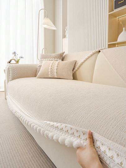 1pc Plush Floral Sofa Cushion Cover, Solid Color Sofa Slipcover For All Seasons, Pet Scratch Proof Sofa Protector, Pet Friendly Sofa Cover, Bedroom/Office/Living Room Furniture Decor (Backrest And Armrest Covers Sold Separately)