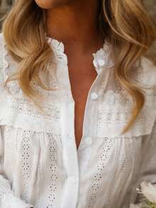 ii Vacation Style Solid Color Hollow Out Embroidery Women Top Spring White - White - View 7