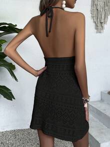 女士镂空花卉针织无袖V领修身连衣裙，奶油黄色沙滩度假装，返校秋冬连衣裙，花卉图案随机黑色夏季 - 黑色 - 查看 2