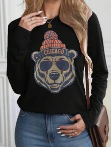 Stylized Bear Graphic Black Long Sleeve T - Shirt, Cool Playful Bear With Orange & White Striped Beanie (CHICAGO) & Sunglasses, Perfect For Casual Wear - Pair With Blue Denim Jeans - 黑色 - 查看 6