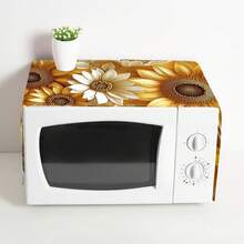 1pc Sunflower Print Microwave Dust Cover, 30cm*90cm, Decorative Dust Cover, Flat Printing, Linen Material, Non-Waterproof, With Side Pocket, Home Decor, Appliance Protection, Easy To Use And Clean