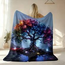 1pc Vibrant Colorful Tree In Misty Background Pattern Printed Blanket Snuggly Flannel Throw For Karaoke Booths Or Singing Corners - White - View 4