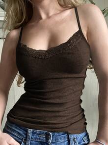 GAOVOT 女士蕾丝拼接吊带背心，性感修身 Y2K 风格，春夏休闲款 - 深棕色 - 查看 6