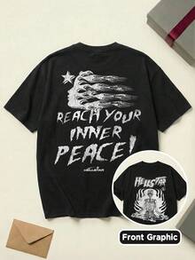 Hell Star Reach Inner Peace Graphic Tee Unisex Couple Matching Boyfriend Style Reach Your Inner Peace Text Double Sided Print Flame Head Profile Y2K Grunge Summer Outfits Cotton Graphic Tees Men Oversized T Shirt Summer Clothes Men Winter Clothes - màu đen - Xem 2