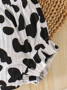 2pcs Baby Girls Cute Cow Print Sleeveless Top + Shorts Set, Lightweight Summer Outfit - Black and White - View 7