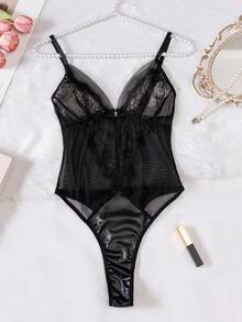 Sexy Lingerie Crotch Detachable Lace Mesh Sheer Rhinestone Jumpsuit - Black - View 8