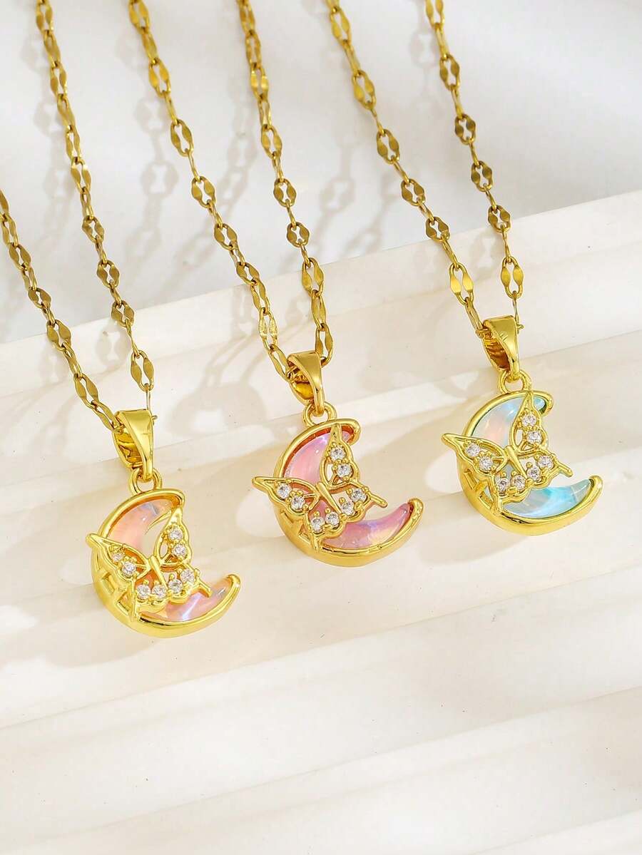 1pc Elegant Lightweight Luxury Cubic Zirconia Butterfly & Moon Pendant Stainless Steel Necklace, Suitable For Girls, Fashion For Holiday Party, Christmas, Date And Daily Wear - Multicolor - View 1