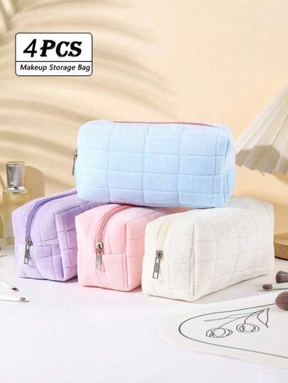 Large Plush Plaid Cosmetic Bag, Zipper Travel Toiletry Bag, Multi-Functional Storage Pouch, Suitable As Gift For Women, Essential Travel Makeup Bag, Suitable For Vacation, Beach, Bathroom, Bedroom And Back To School Season