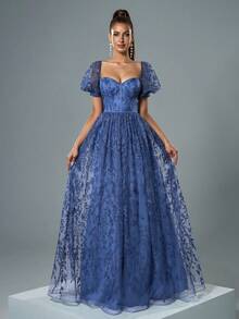 Square-Necked Bubble Sleeves, Satin Ribbon, Chest Cups, Embroidered Lace, Floor-Length Gown.Elegant Party Dresses - Dusty Blue - View 4