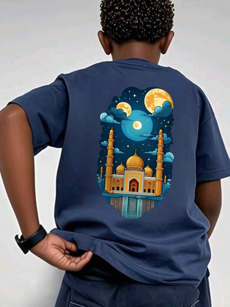 Camiseta de manga corta con cuello redondo y estampado casual para niños preadolescentes durante el Ramadán, top de verano - Azul Marino - Ver 1