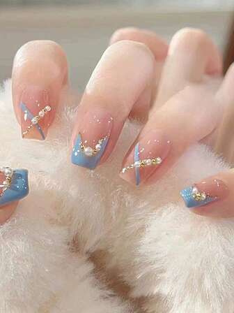 24pcs Medium-Long Square Stylish Nail Art Stickers, Asymmetrical Colorblock Pearl College Elegant Chic Design False Nails With 1 Nail File & 1 Jelly Gel, For Spring/Summer