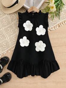 Đầm không tay cho bé gái với họa tiết hoa và thiết kế xếp ly bất đối xứng, đầm hai dây thoải mái cho trẻ em mùa hè. - màu đen - Xem 2