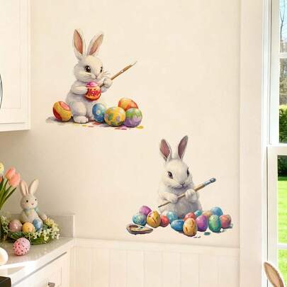 2pcs Cute Rabbit & Easter Egg Wall Stickers, Removable PVC Self-Adhesive Decals, Suitable For Spring Easter Bedroom, Living Room, Balcony And Window Decoration