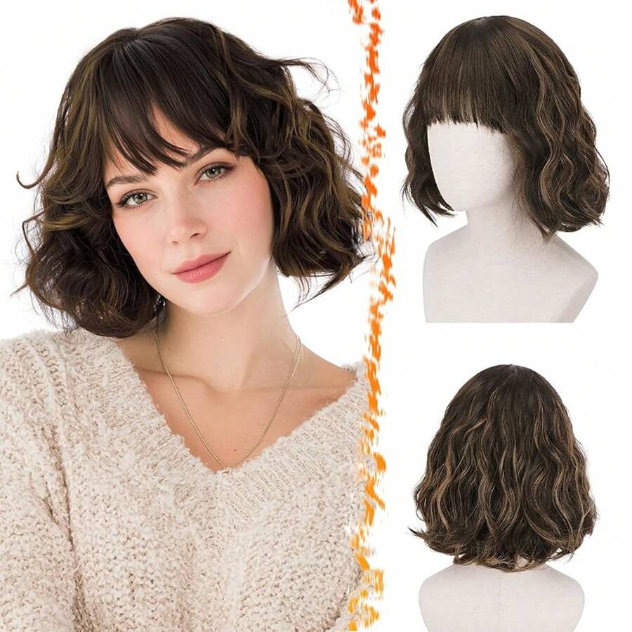 Peluca corta ondulada BARSDAR con flequillo, peluca roja cobrizo con ondas cortas y rizadas, pelucas francesas texturizadas con flequillo para mujeres, pelucas de cabello sintético de aspecto natural para Halloween - Mezcla de negro y marrón castaño rojizo - Ver 1