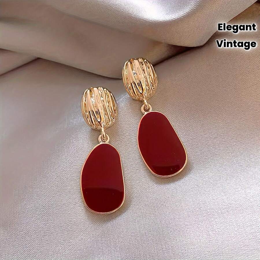 1 Pair Of Simple Elegant Luxury French Style High-End Vintage Red Oil Drop Geometric Design Women's Evening Event Party Classic Earrings - 彩色 - 查看 1