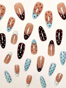 24片杏仁形蓝棕渐变法式波点全覆盖美甲贴片，包含1瓶甲油胶和1把指甲锉，适合所有女性和女孩日常佩戴、节日、秋冬季美甲用品。 - 彩色 - 查看 2