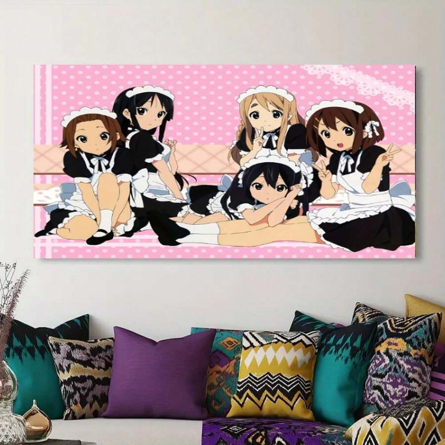 Framed 1pc K-ON! Anime Maid Canvas Poster, Wall Art - Pink Dot Design, 5 Cute Maid Characters In Black And White Uniforms, Perfect Birthday, Holiday And Party Decoration, Anime Collectibles, Anime Room Decor | Optimistic Design | Det - Framed - 查看 1