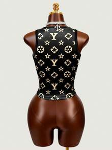 Women Spring Summer Casual Daily Monogram Print Cropped Tank Top,Slim Fit & Navel-Baring Sleeveless Top,Perfect For Daily,Commuting, Party,Vacation, New Year,Valentine's Day Outfits - Black - View 4