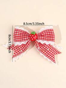 2 kẹp tóc hình dâu tây, kẹp tóc nơ kẻ caro, kẹp tóc nơ ren dễ thương, kẹp tóc màu đỏ, kẹp tóc chủ đề trái cây, phụ kiện tóc hàng ngày cho bé gái - Đỏ - Xem 6