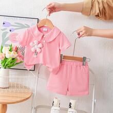 Baby Girls' Summer Waffle Knit Set, Including: Short Sleeve Top With Ruffled Collar, Floral Decor & Buttons; Matching Shorts; Soft & Breathable Waffle Fabric; Elevated With Intricate 3D Decorations; Suitable For Casual Outings And Light Social Occasions In Summer; Comfortable And Easy To Wear & Style - Pink - View 16