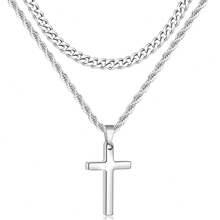 Men's Cross Pendant Necklace, Double-Layer Chain Cross Necklace, Multi Chain Stacked Cross Necklace, Minimalist Cross Jewelry, Basic Hip-Hop Necklace, Fashionable Stainless Steel Jewelry Gift For Him - Silver - View 3