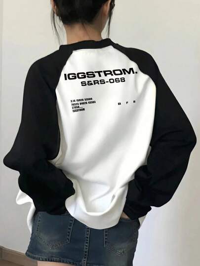 Women's Contrast Color Raglan Sleeve Simple Letter Double-Sided Print All-Match Layering Loose Casual Everyday Commute Ribbed Crew Neck Long Sleeve T-Shirt Spring
