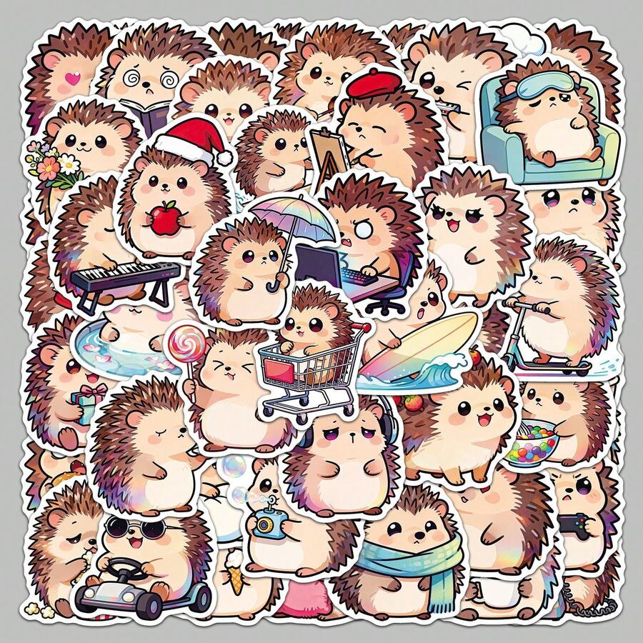 50pcs Cute Cartoon Hedgehog Stickers, Adorable Animal Series Stickers, Suitable For Laptop, Bumper, Skateboard, Water Bottle, Computer, Phone Case, School Decoration, Etc. Scratch-Resistant Decorative Stickers For Various Scenarios - Multicolor - View 1