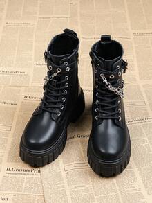 [Free Returns And Exchanges][Local Delivery][Quick Arrival][Classic Boots Series]New Classic Women's Black Mid-Calf Boots Boots Easy And Comfortable To Wear Women's Platform Boots Suitable For Parties Lace-Up And Zipper Fashionable Style Women's Boots With Silver Chain - 黑色 - 查看 4